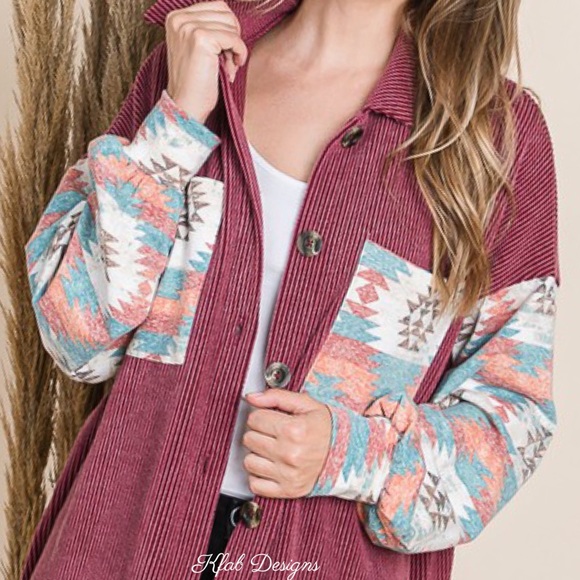 ❤️LAST! Wine Aztec Contrast Plush Oversized Button Up Jacket! - Picture 11 of 11